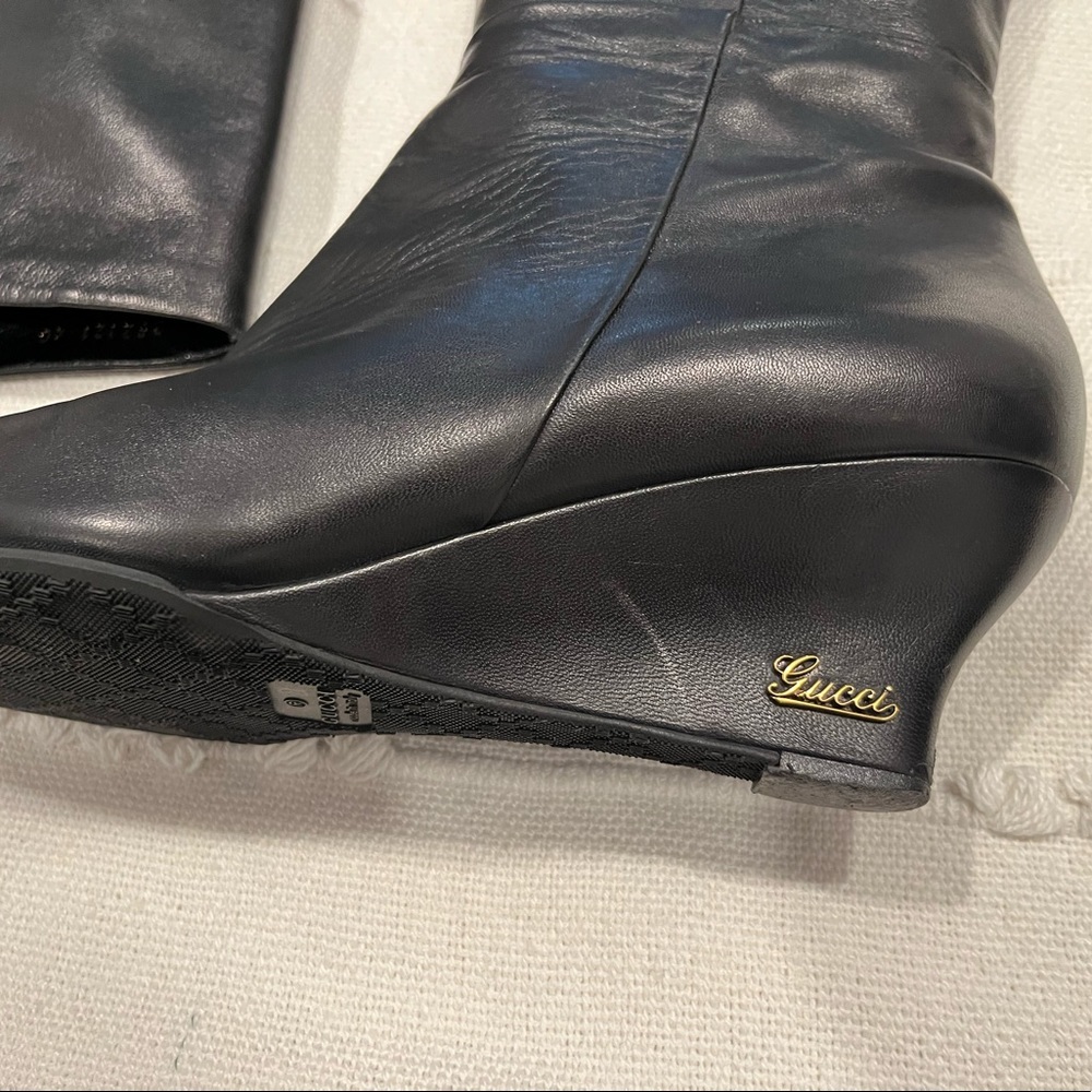 RARE Gucci Designer Black Leather Knee High Wedge Luxury Boots Size 40 - Picture 4 of 15